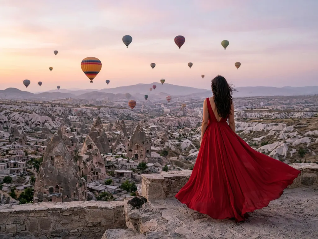 Фотосессия в длинном платье на фоне долины с шарами